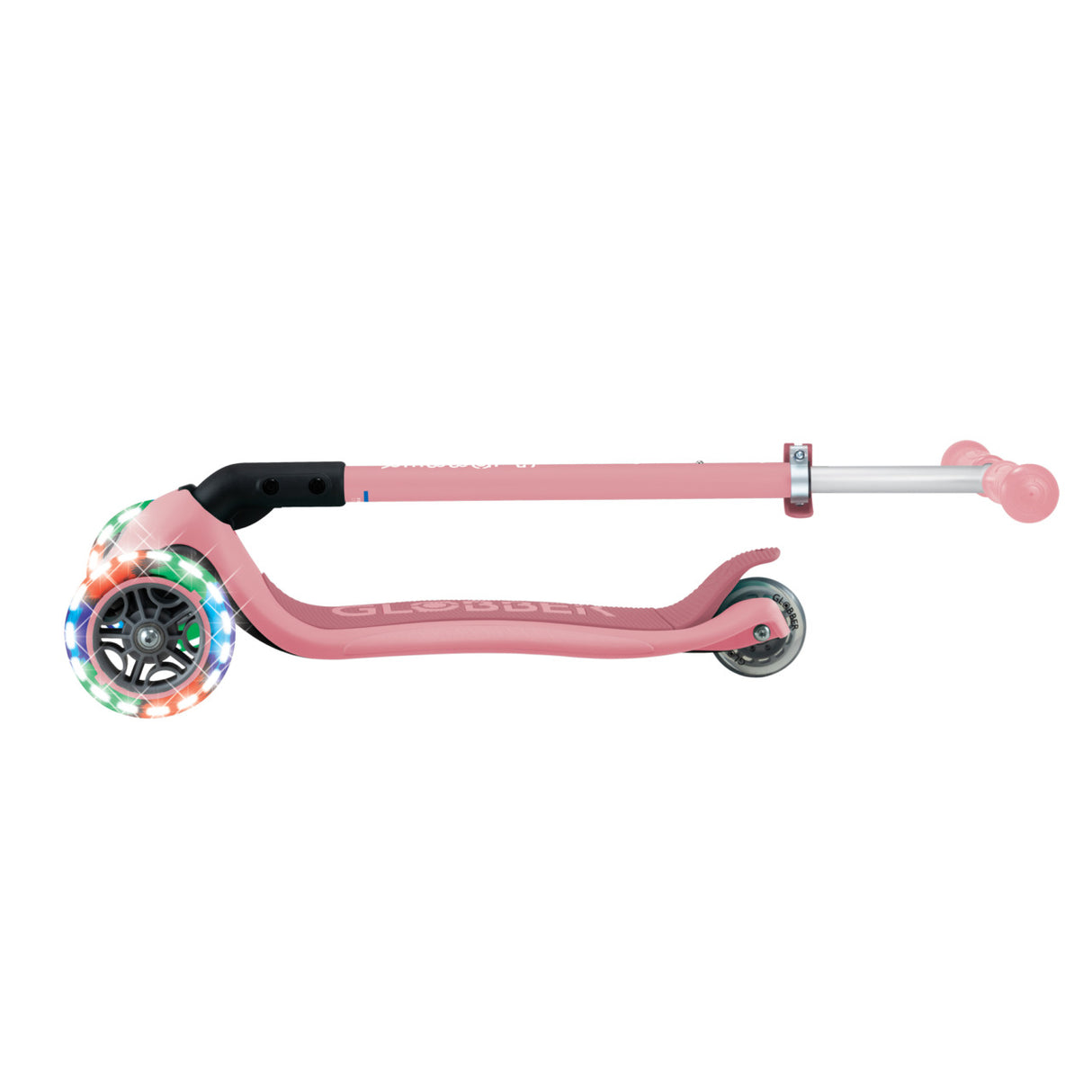 Globber Primo Foldable Lights 3 Wheel Kids Scooter - Pastel Pink - folded