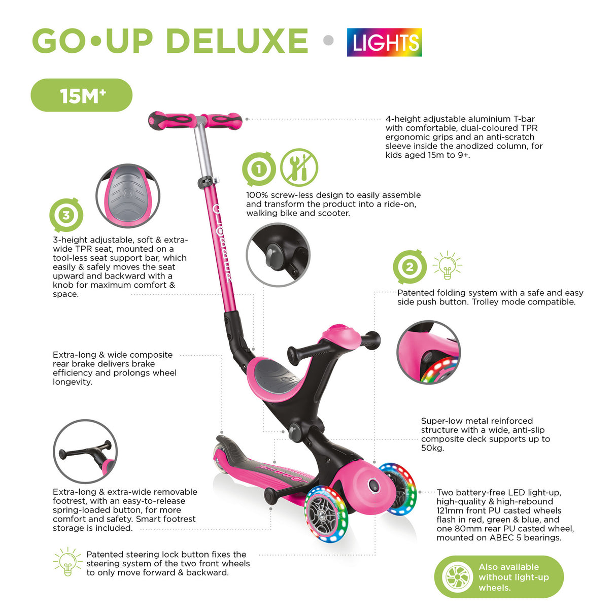 Globber GO UP Deluxe Convertible Scooter w Light up Wheels - Teal