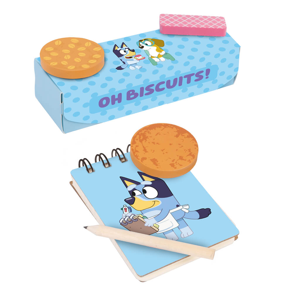 Oh Biscuits! wooden biscuit packet with Bluey notepad and pencil