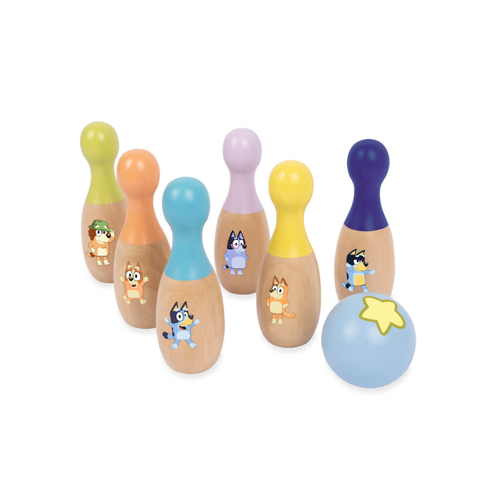 Bluey Wooden Skittle Set - six wooden skittles with pastel tops and a star ball
