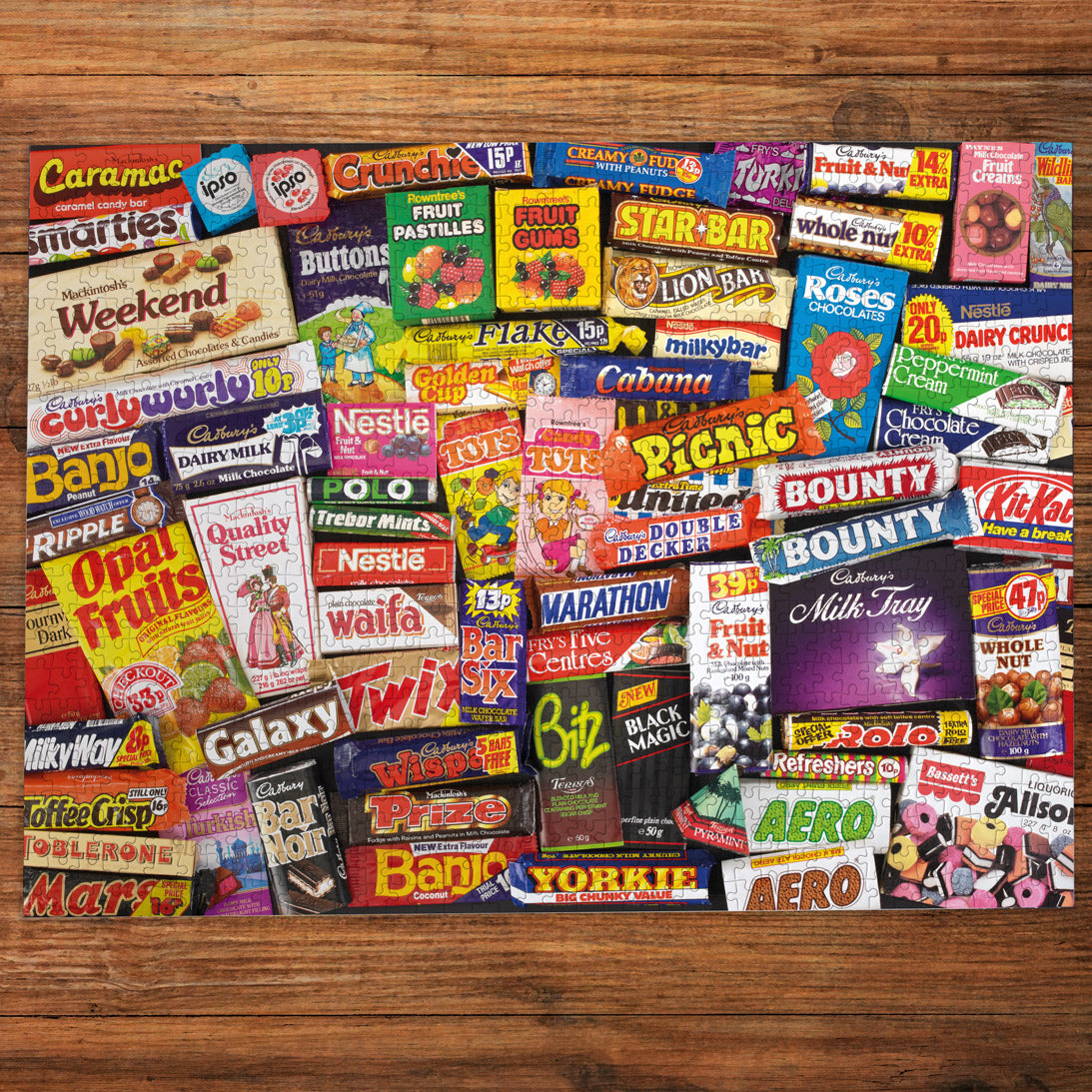 Sweet Memories of the 1980s puzzle completed on a wooden table