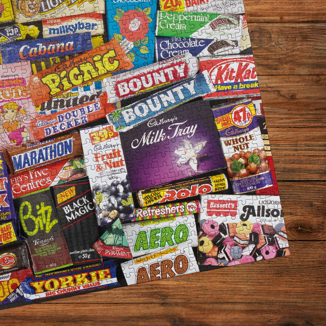 Close up of vintage candy bar artwork on the Sweet Memories 1980s puzzle