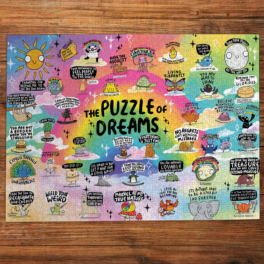 The Puzzle of Dreams completed on a wooden table