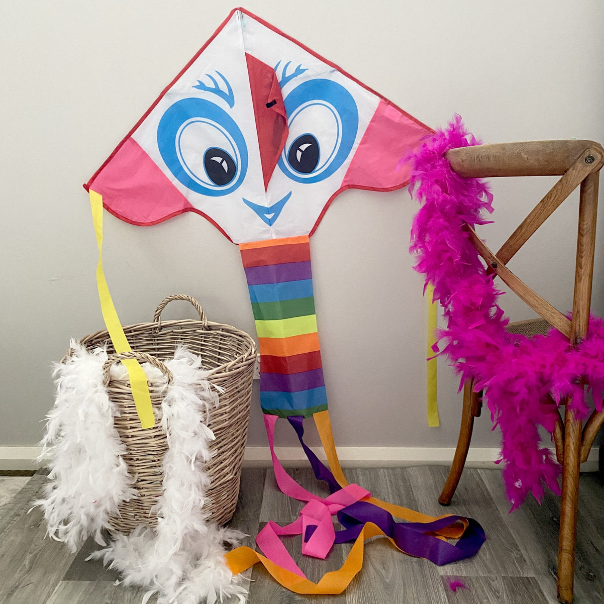 Bright Eyes delta kite with rainbow tail flying in the sky