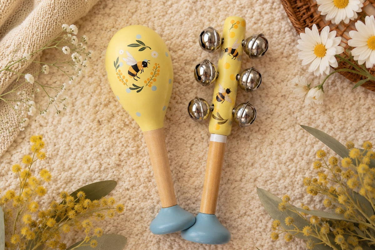 Buzzy Days Bee Aussie Floral Maraca and Bellstick Set