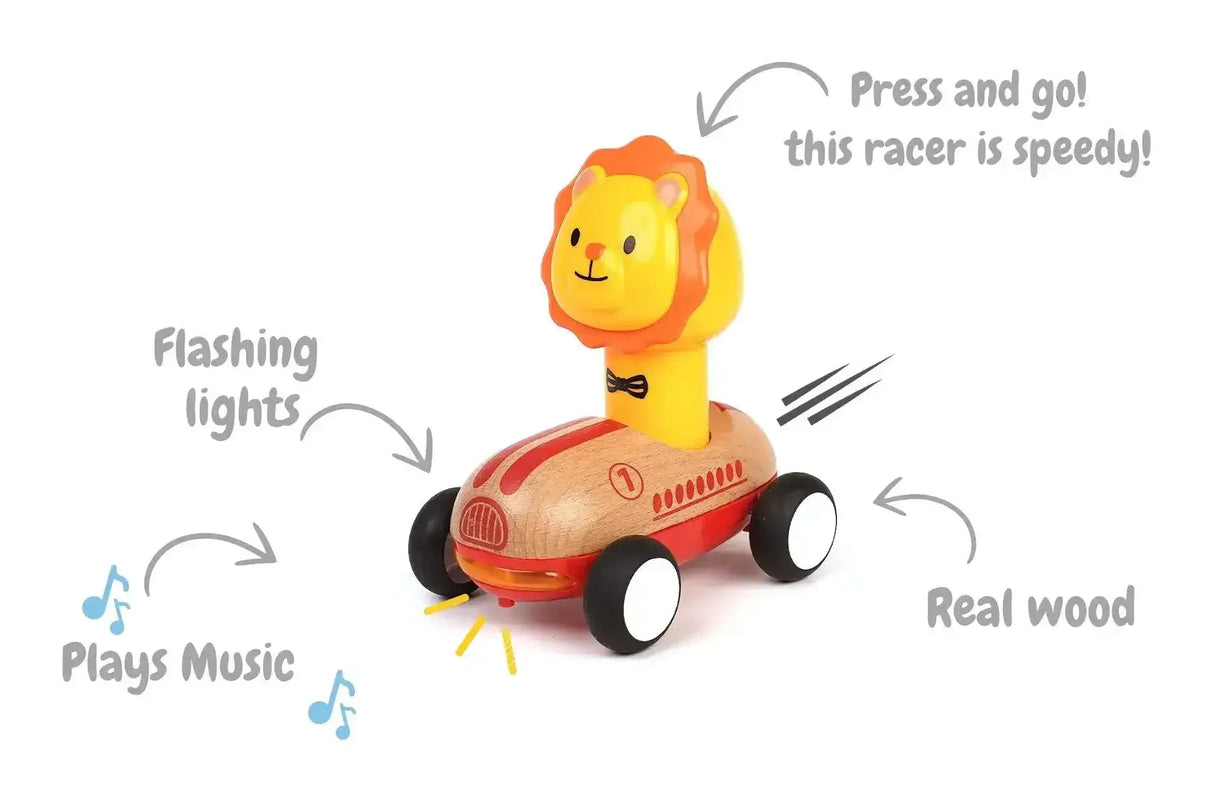 Wooden Press Go Racer with Light and Sound | Lion