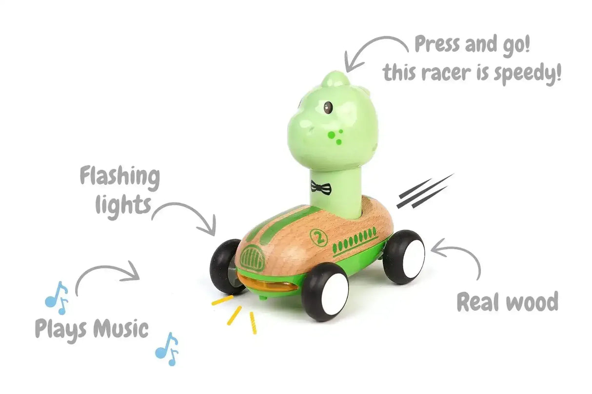Wooden Press Go Racer with Light and Sound | Dinosaur