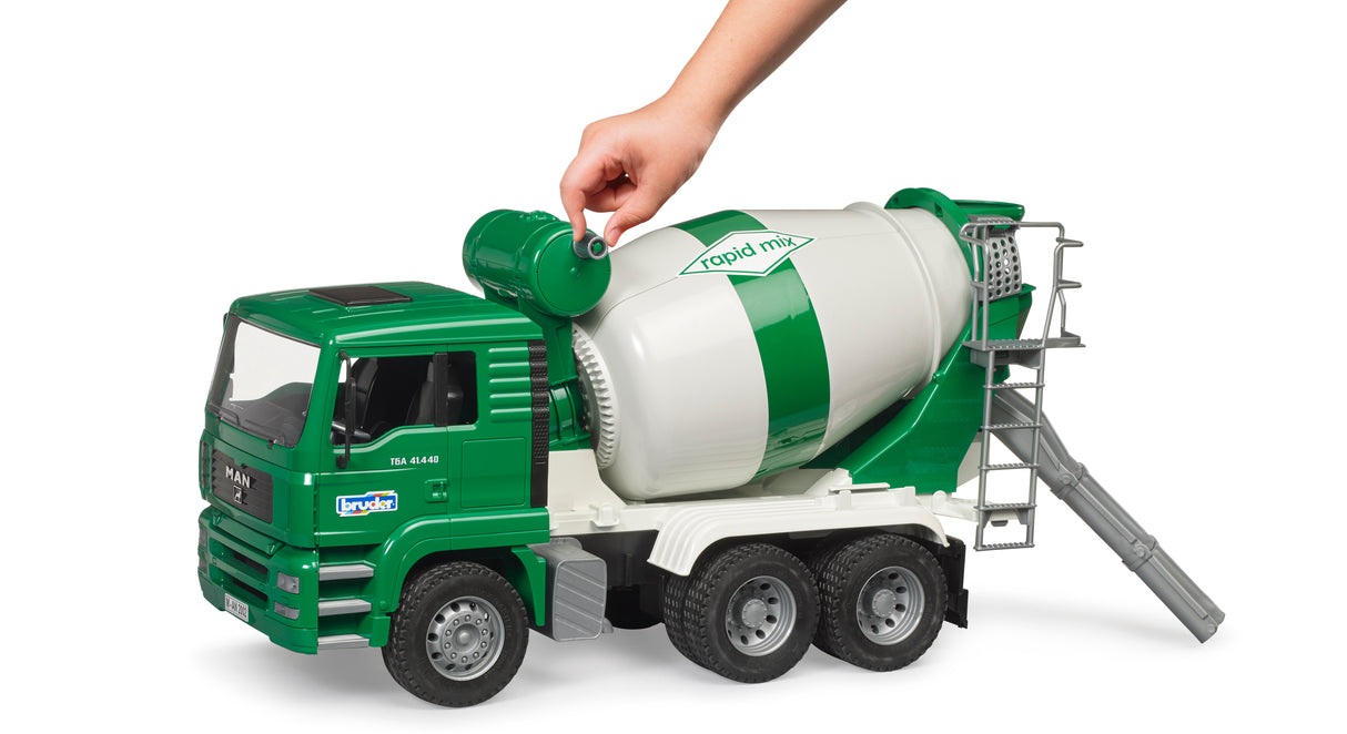 Bruder MAN TGA Cement Mixer Truck in play with construction site