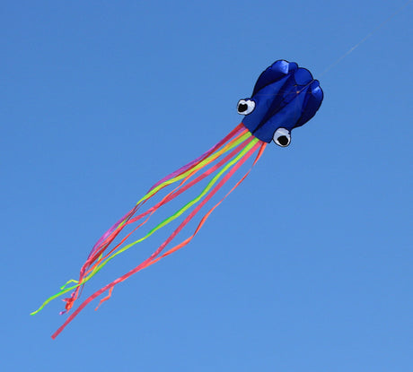 Octopus single line kite with flowing tentacle tails in flight