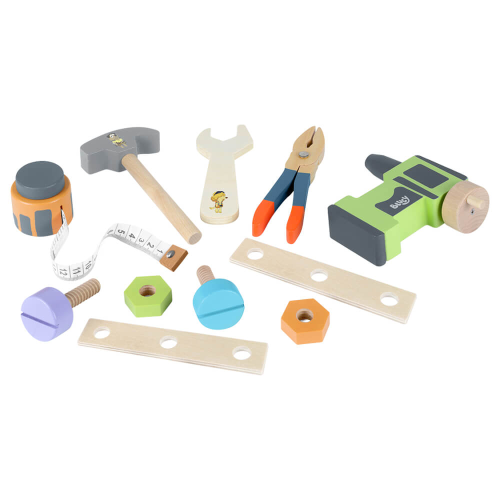 Wooden hammer, spanner, screwdriver, pliers, drill and fixings from the Bluey Tradies Belt set