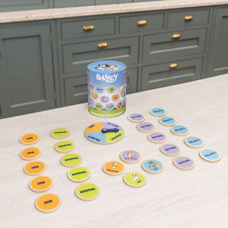 Bluey Wooden Charades set up for play on a kitchen bench