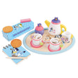 Bluey Wooden Tea Party Set with teapot, cups, saucers and biscuits on a tray