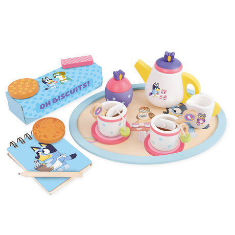 Bluey Wooden Tea Party Set with teapot, cups, saucers and biscuits on a tray
