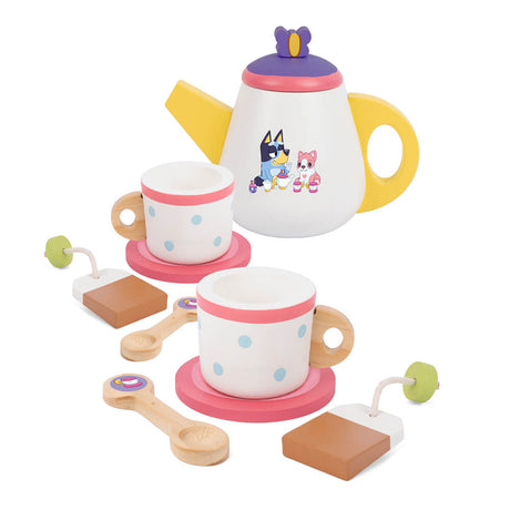 Wooden Bluey teapot, cups, saucers and spoon