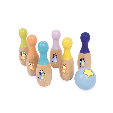 Bluey Wooden Skittle Set - six wooden skittles with pastel tops and a star ball