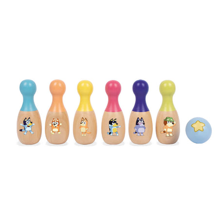 Bluey Wooden Skittle Set lined up, each skittle showing a different Bluey character