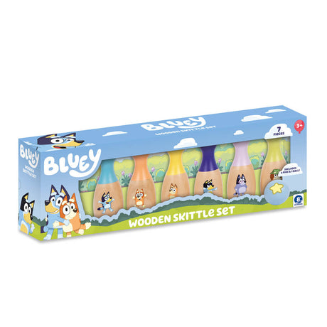 Bluey Wooden Skittle Set in its retail packaging