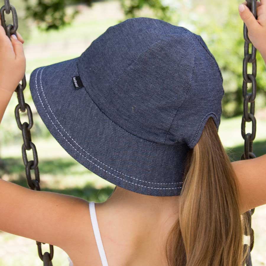 Ponytail Bucket Hat with Strap - Denim