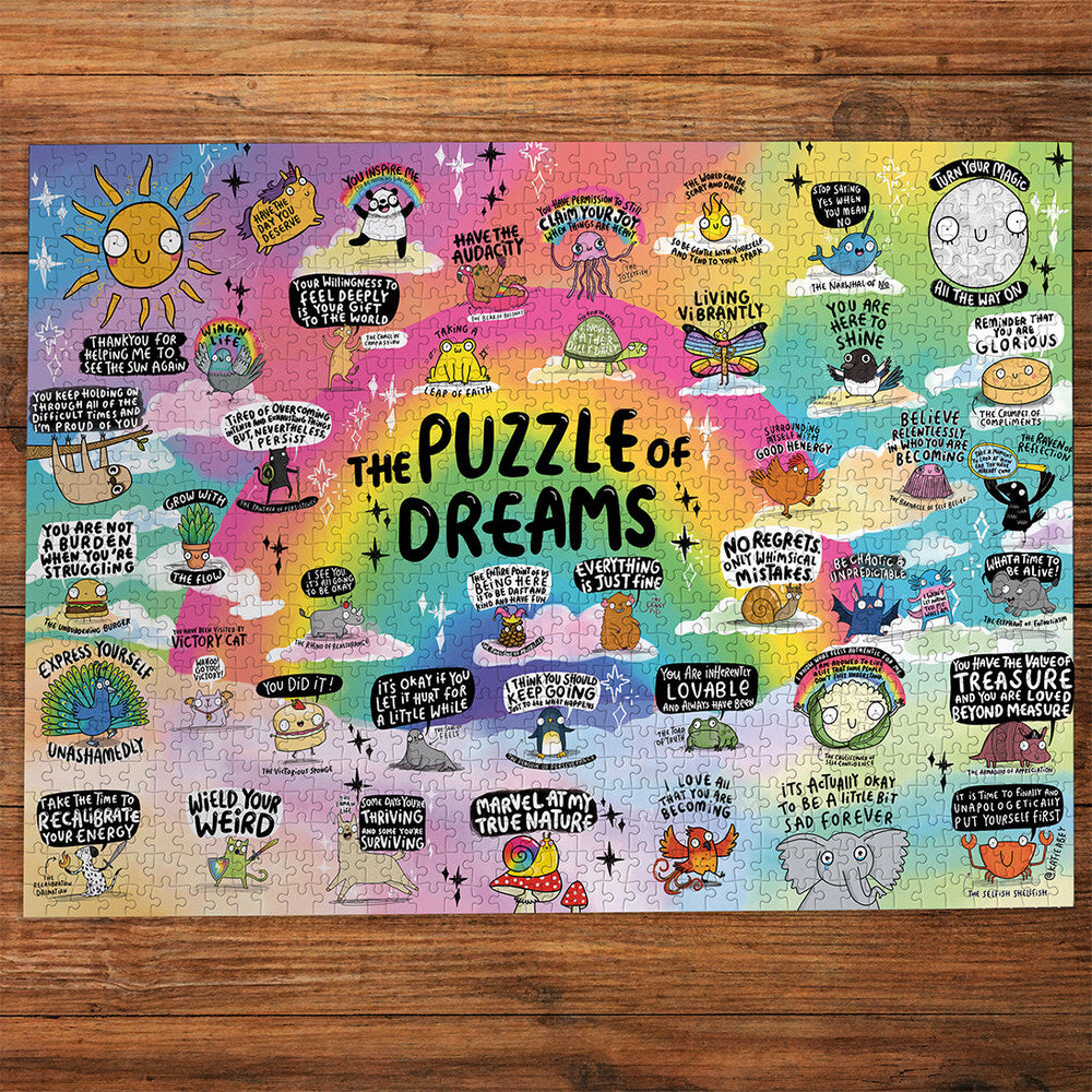 The Puzzle of Dreams completed on a wooden table