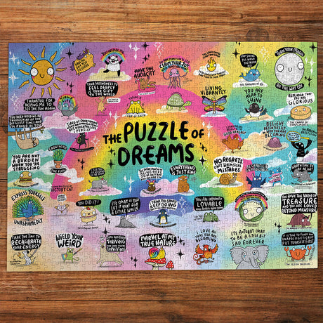 The Puzzle of Dreams completed on a wooden table
