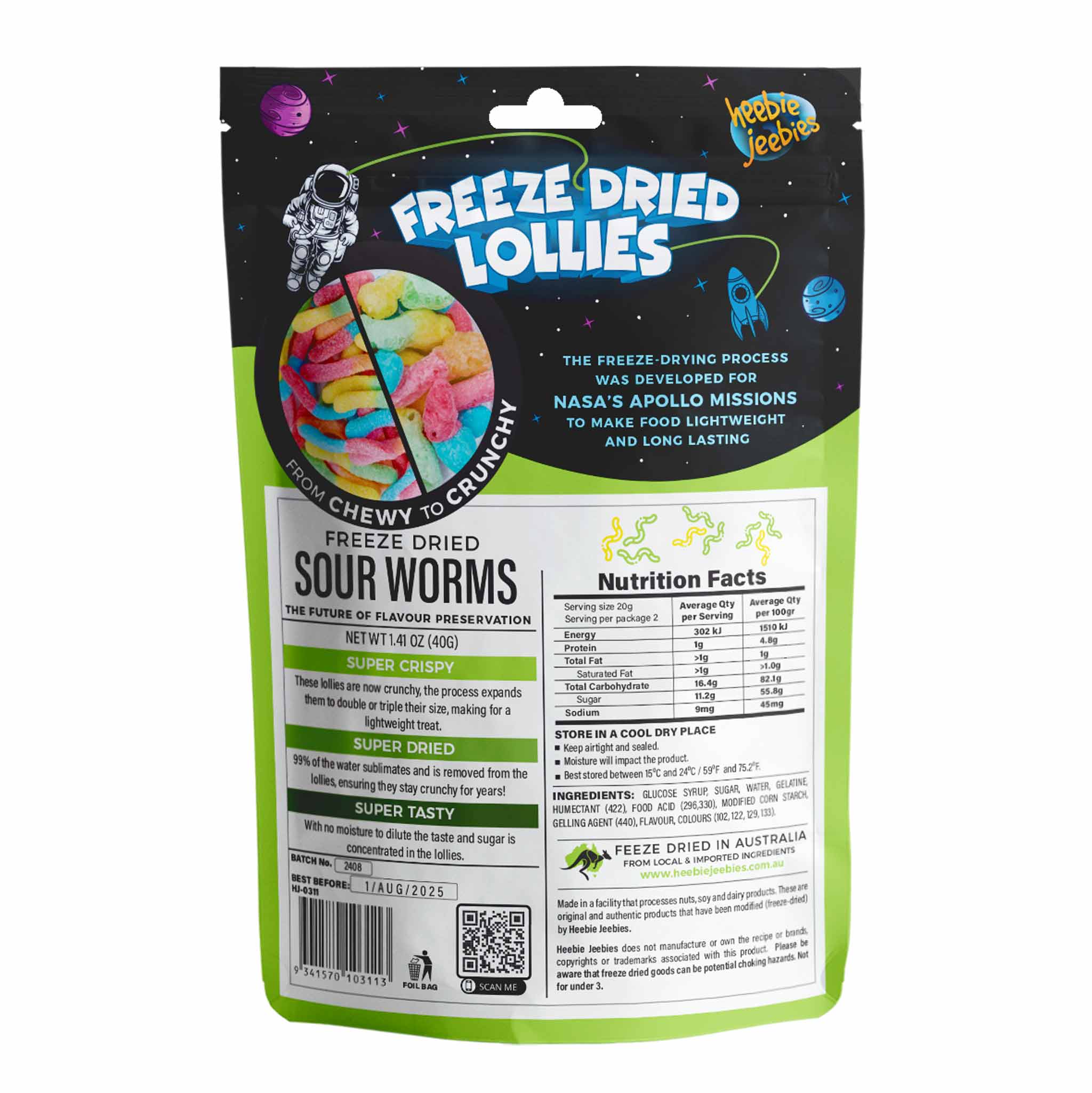 Heebie Jeebies | Freeze Dried Sour Worms Lollies | Large