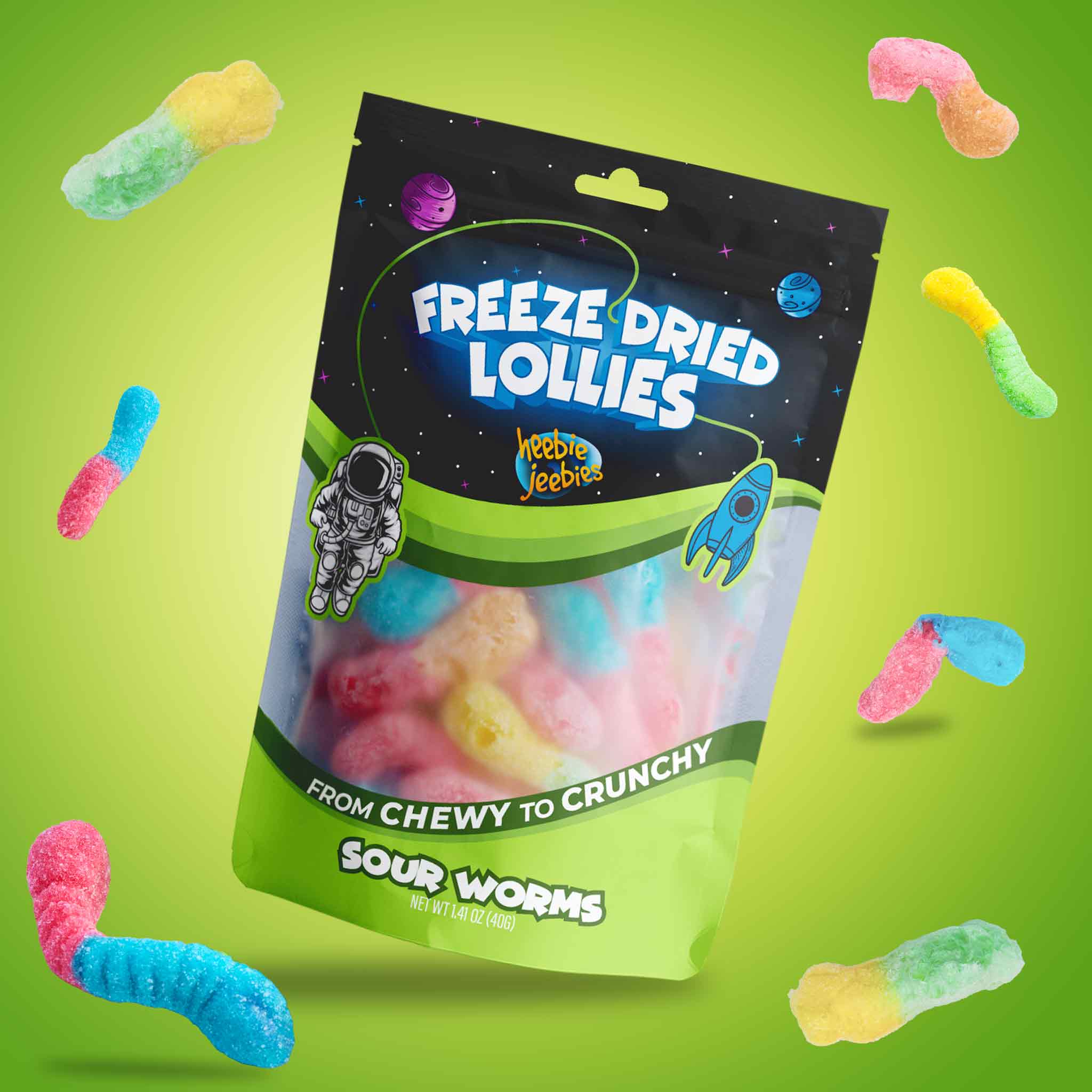 Heebie Jeebies | Freeze Dried Sour Worms Lollies | Large