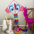 Bright Eyes delta kite with rainbow tail flying in the sky