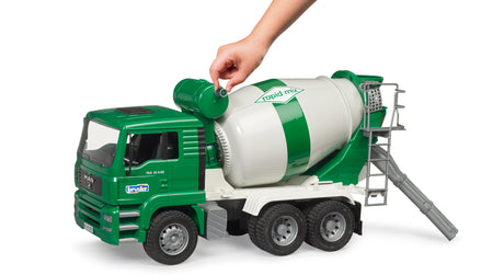 Bruder MAN TGA Cement Mixer Truck in play with construction site