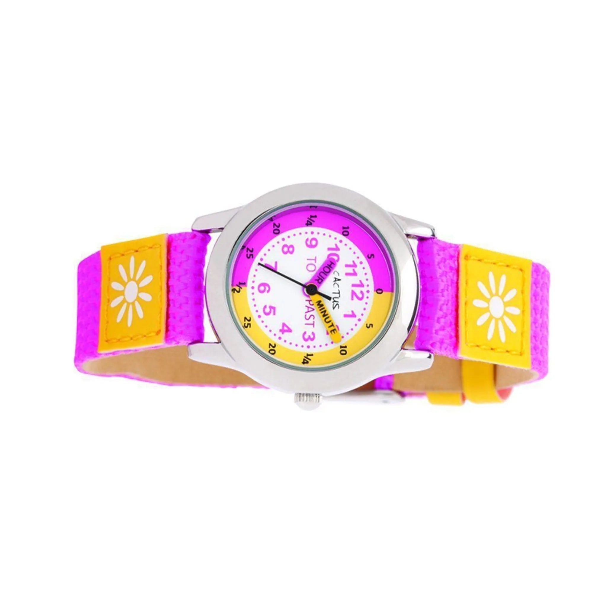 Cactus - Time Teacher - Girls Kids Watch - Pink / Yellow with Flowers - Toybox Tales