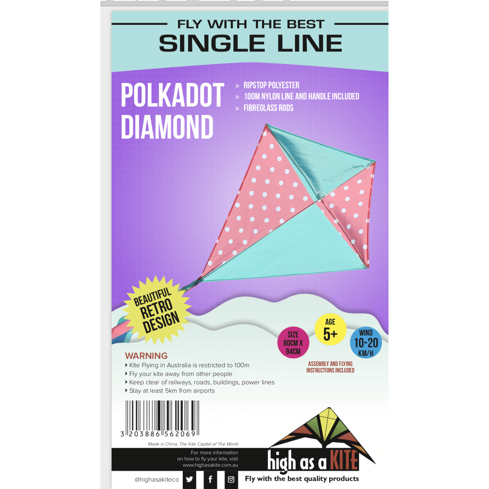 Single Line Kite: Polkadot Diamond - Toybox Tales