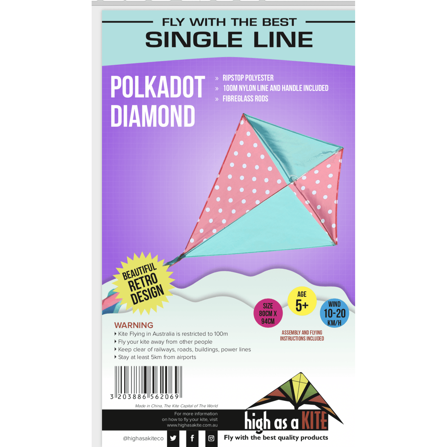 Single Line Kite: Polkadot Diamond - Toybox Tales